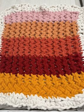 Handmade Chunky Knit Sunset Colors Stripe White Border Throw/Lap Blanket 47”x38”
